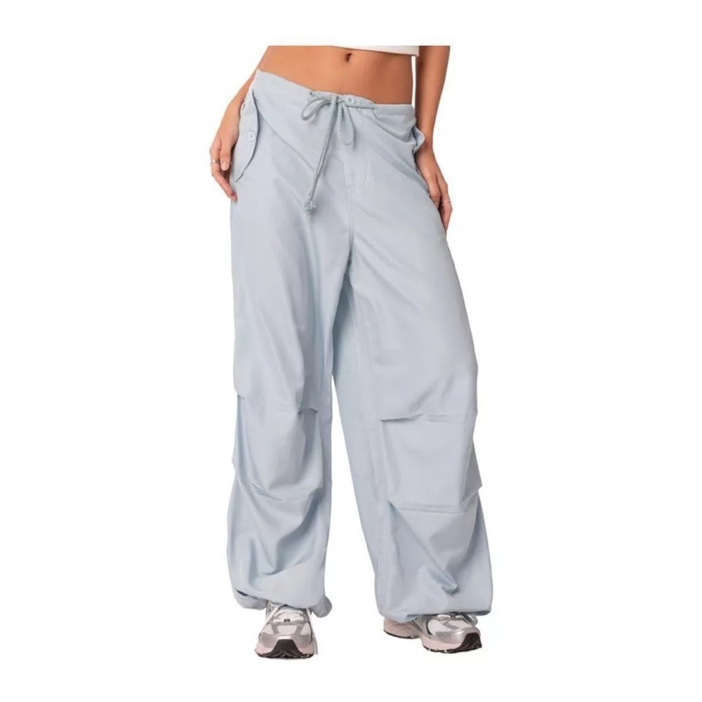 Edikted Rian Oversized Low Rise Light Blue Nylon Cargo Pants